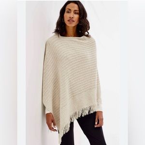 J JILL Like New Cozy Knit Cream Poncho Fringe Mix Stitch Sweater off shoulder